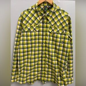 Stio Eddy Pearl Snap Lemon Lime Plaid Nylon Polyester Mens Shirt